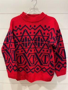 Vintage Jones New York Hand Knitted Red & Navy Wool Sweater Size Large